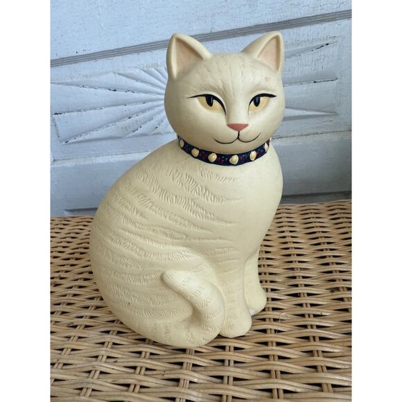 Vintage 80s Bisque Ceramic Set Yellow Cat Figurine and Trinket Box - Picture 2 of 14